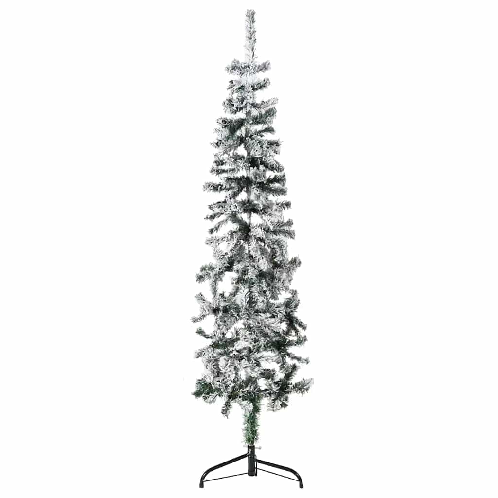 vidaXL Slim Artificial Half Christmas Tree with Flocked Snow, 5 ft Height, Lifelike PVC Material, Space Saving Xmas Decoration, Easy Assembly, Green and White, Without Ornaments