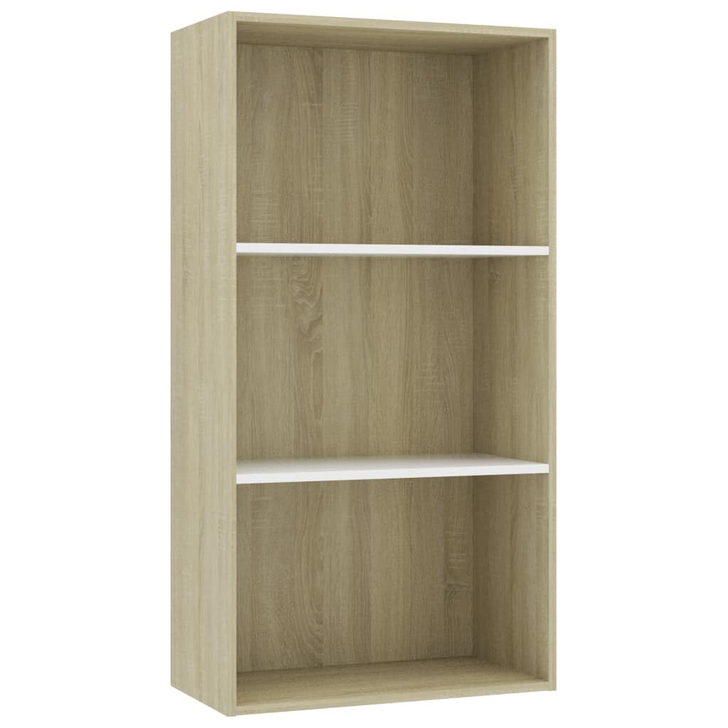 vidaXL Bookshelf, 3-Tier Book Cabinet Bookcase, Wall Bookshelf for Office, Freestanding Shelving Unit, Modern, White and Sonoma Oak Engineered Wood