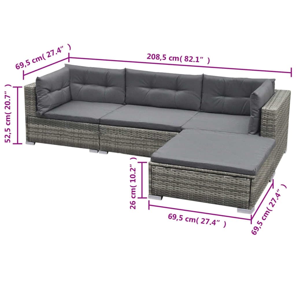 vidaXL 5-Piece Outdoor Patio Lounge Set - Modular, Weather-Resistant Poly Rattan - Includes Corner Sofas, Center Sofa, Footrest, Tea Table, and Cushions - Gray
