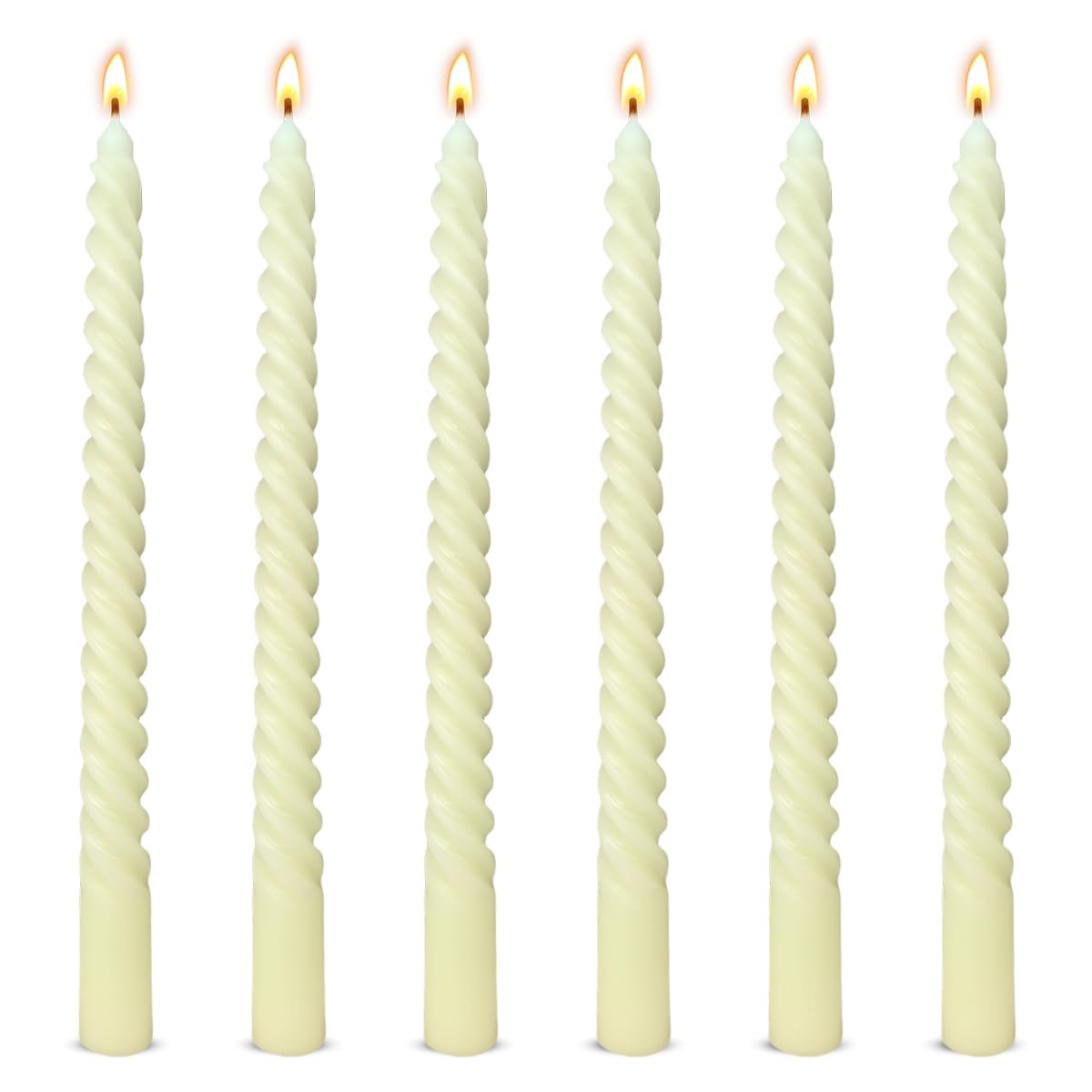 6 Pack 10 Inch Ivory Spiral Taper Candles for Home Decor and Religious Ceremonies, Unscented Dripless Twisted Candlesticks for W