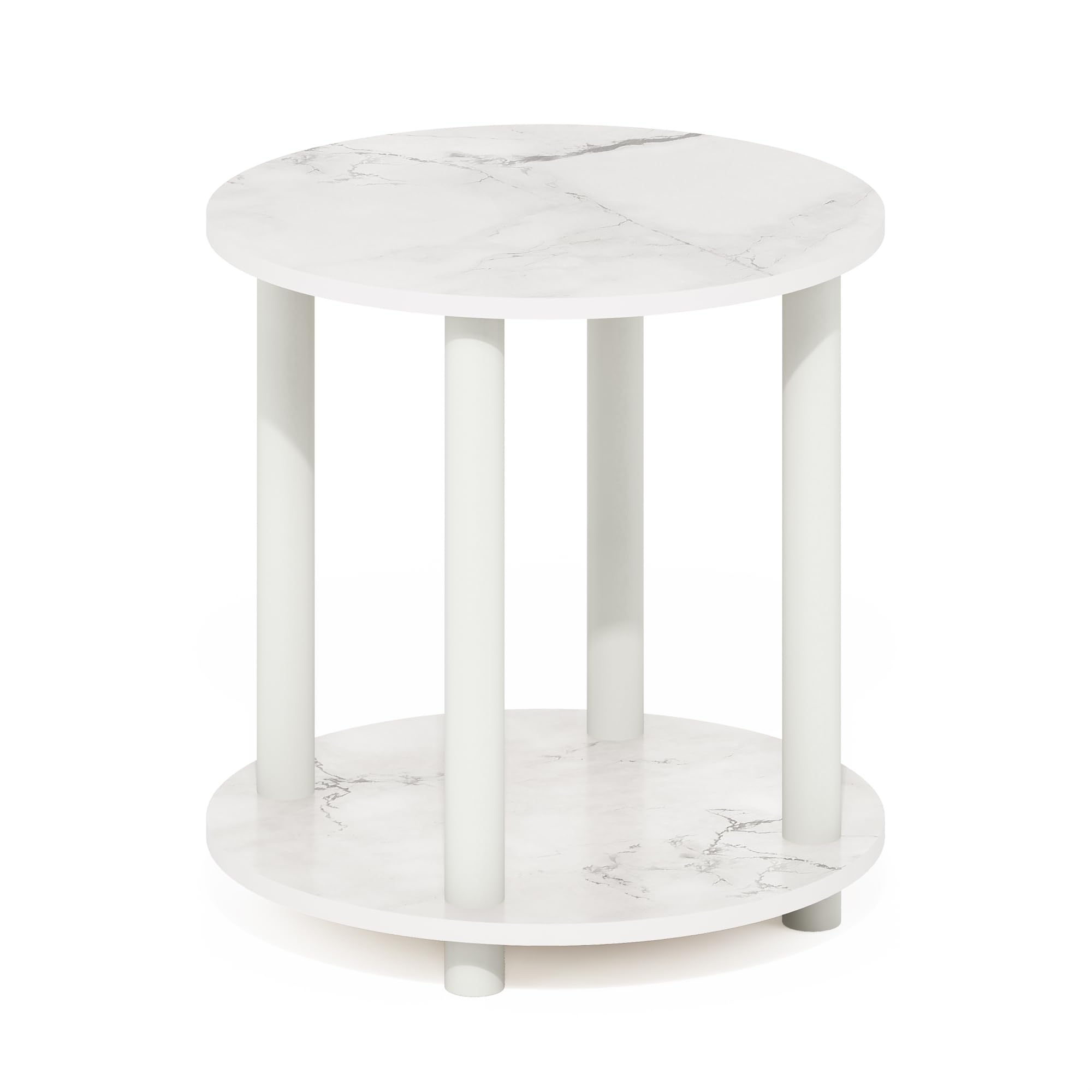Furinno Turn-N-Tube 2-Tier Round Wooden End Table, Marble White