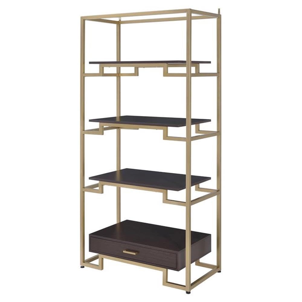 Acme Yumia Wooden Tiers Etagere Bookshelf in Gold and Clear Glass