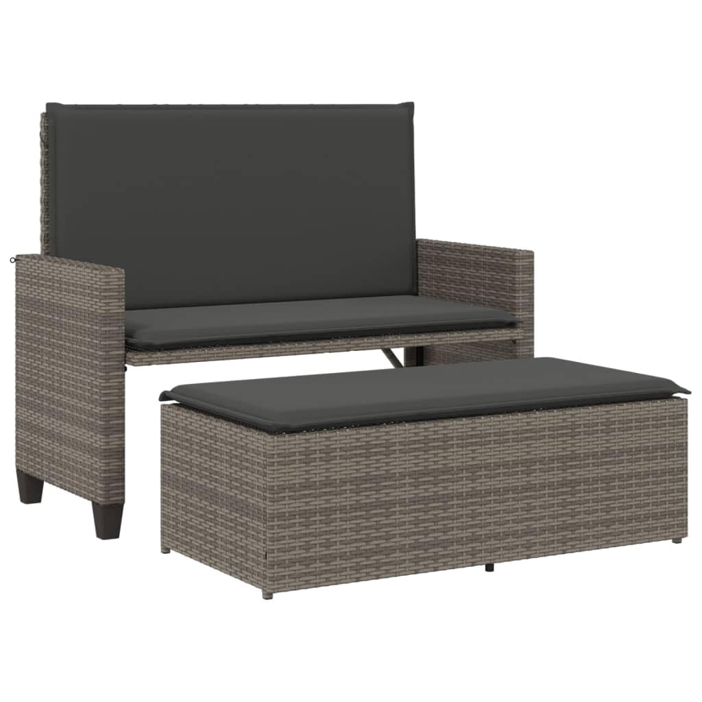 vidaXL Patio Bench with Cushions and Footstool - Convertible Outdoor Loveseat Sofa Bed - Gray Poly Rattan, Padded Cushions