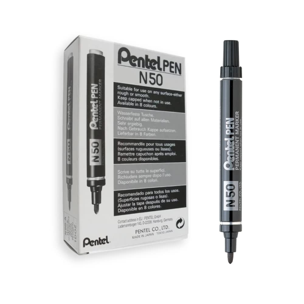 Pentel Pen N50 Permanent Markers Medium Tapered Tip Black (Pack Of 12)