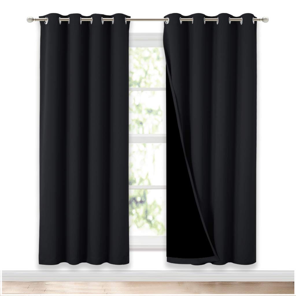 Nicetown 100% Blackout Window Curtain Panels, Full Light Blocking Drapes With Black Liner For Nursery, 72 Inches Drop Thermal Be