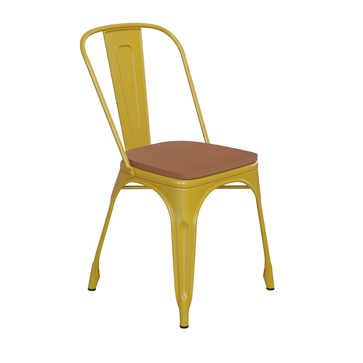 Flash Furniture Perry Indoor/Outdoor Commercial Stackable Chair with Polystyrene Seat - Yellow Metal Frame - Teak Poly Resin Seat - Rounded Seat Edges for Comfort