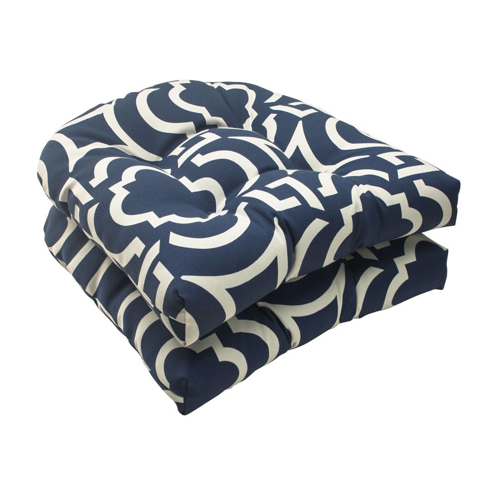 Pillow Perfect Trellis Indoor/Outdoor Chair Seat Cushion, Tufted, Weather, And Fade Resistant, 19' X 19', Blue/White Carmody,