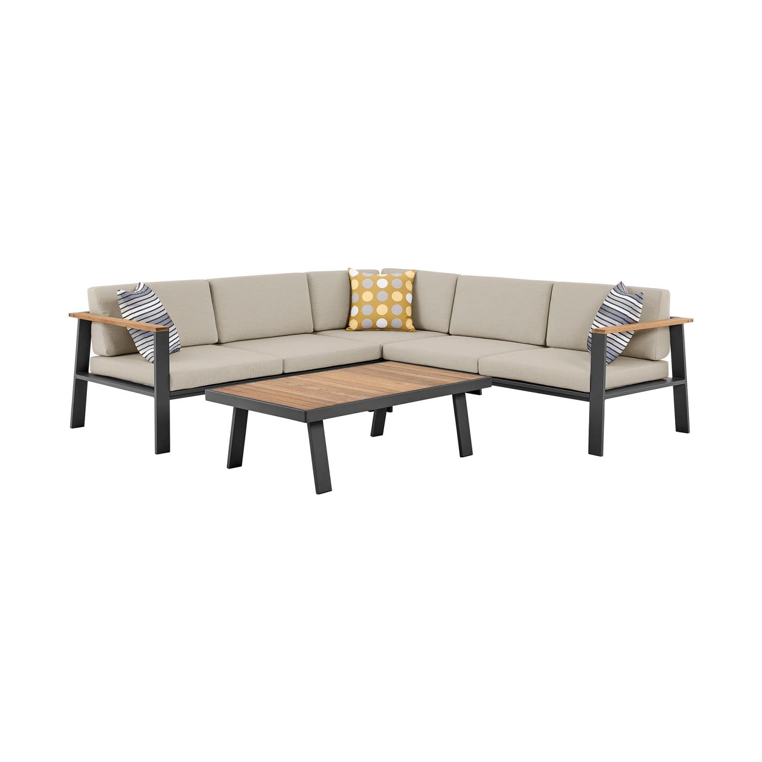 Armen Living Nofi Outdoor Patio Sectional Set, Taupe/Teak Wood/Gray