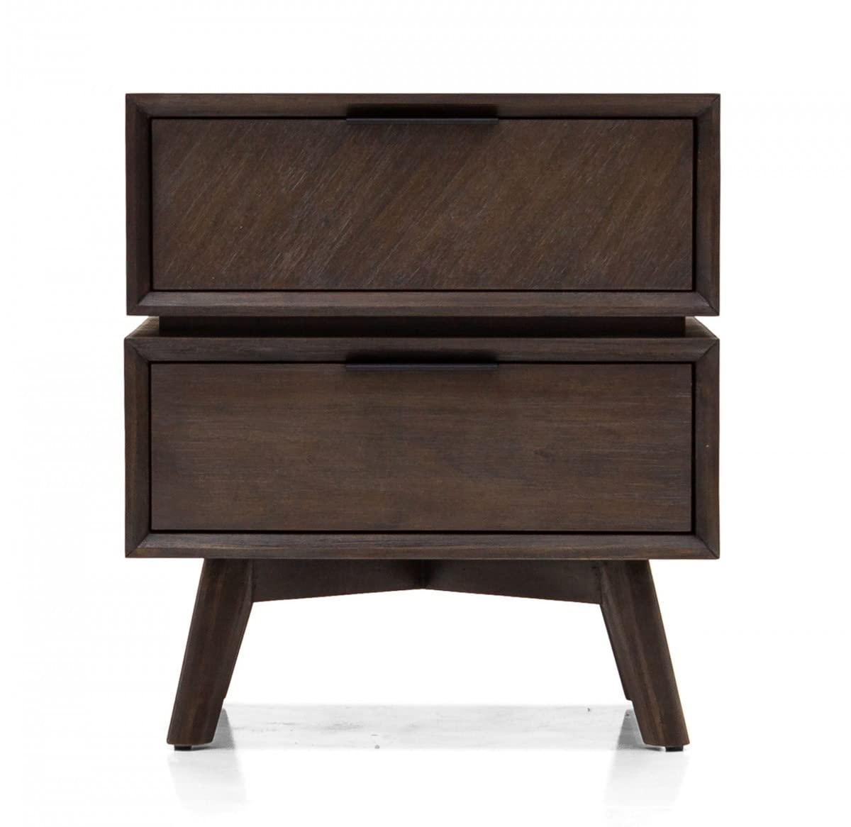 HomeRoots Veneer, Meta, Solid Wood Mid Century Acacia Nightstand with Two Drawers and Black Metal Handles