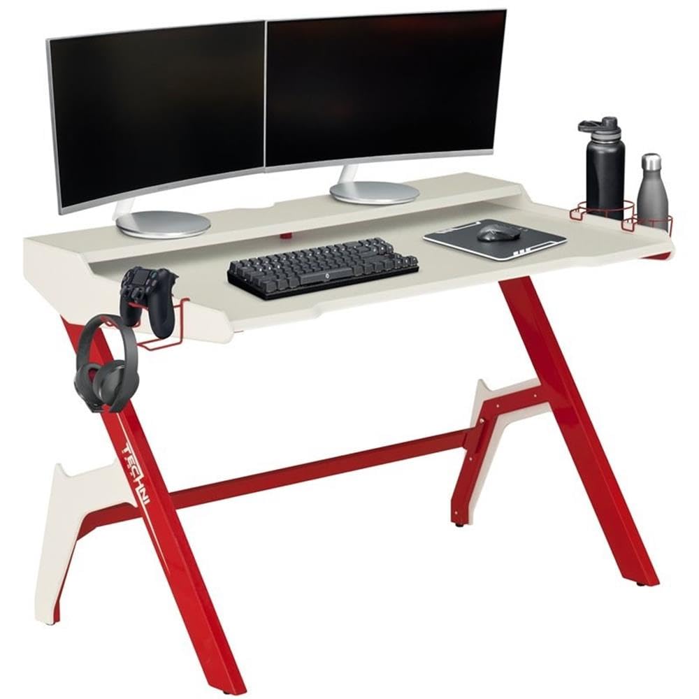 Techni Sport Computer Gaming Desk with Cupholder and Headphone Hook, Small Laptop Table for Home and Office, Red