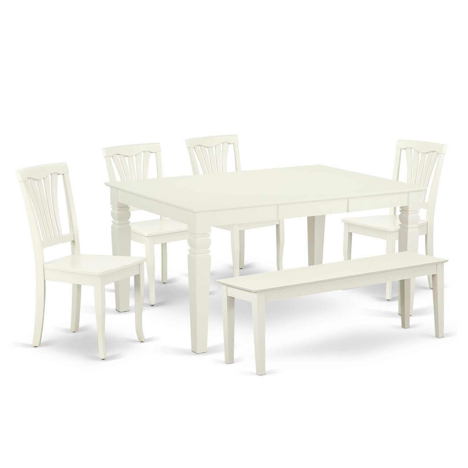 East West Furniture WEAV6-LWH-W 6Pc Rectangle 42/60&quot; Family Table with 18 in Leaf and 4 Wood Seat Chairs Plus 1 Bench