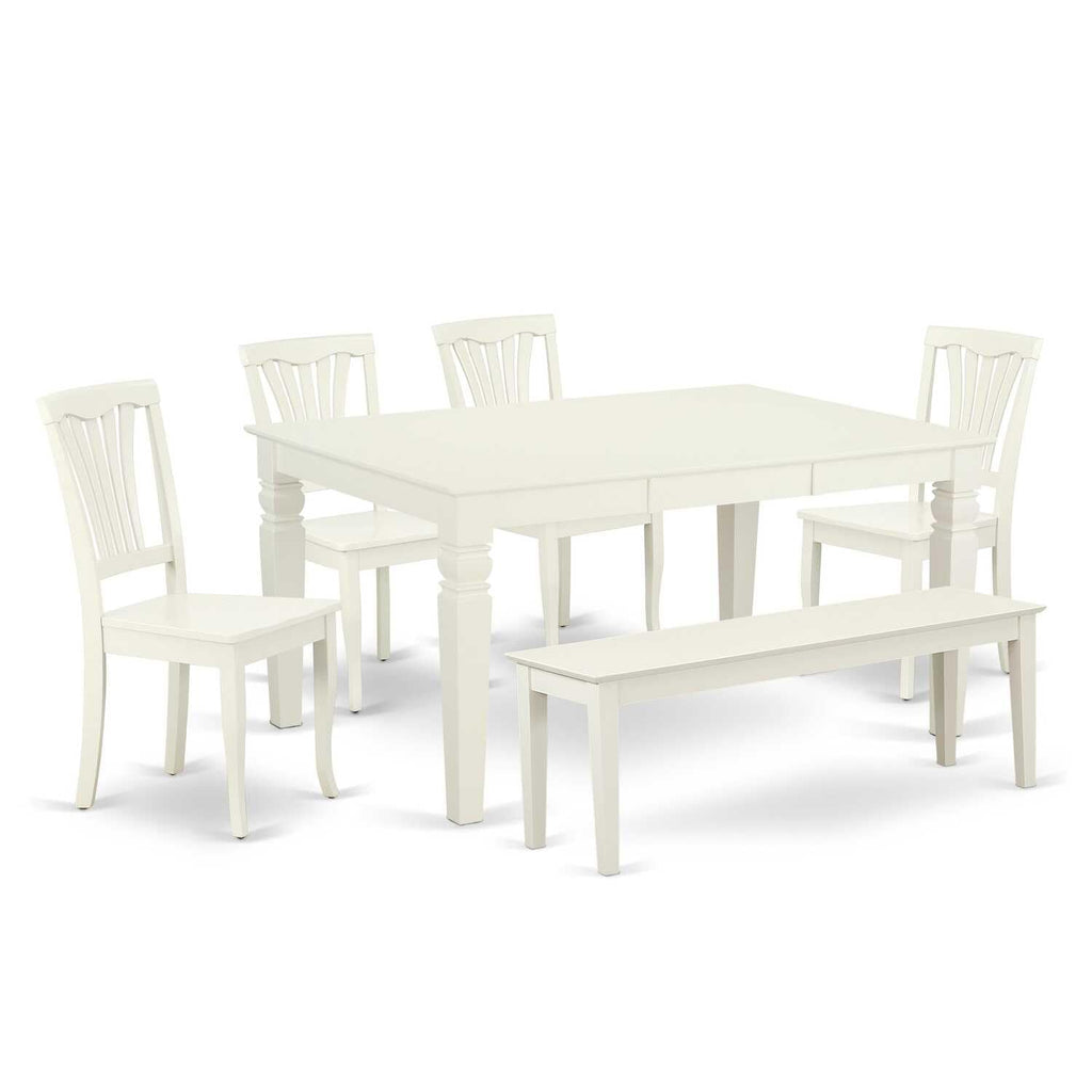East West Furniture WEAV6-LWH-W 6Pc Rectangle 42/60" Family Table with 18 in Leaf and 4 Wood Seat Chairs Plus 1 Bench