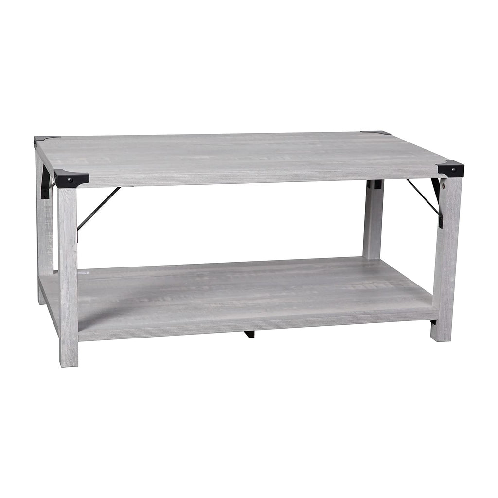 Flash Furniture Wyatt Modern Farmhouse 2 Tier Coffee Table - Aspen Gray Engineered Wood Frame - Black Metal Crisscross Side Braces and Corner Accents