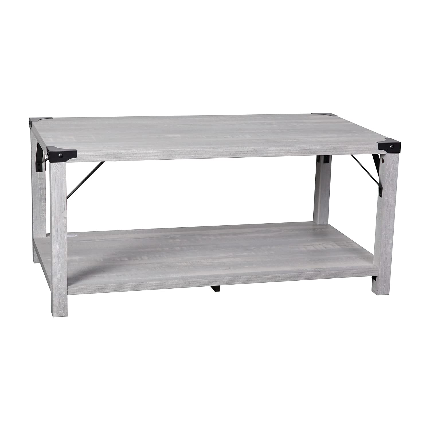 Flash Furniture Wyatt Modern Farmhouse 2 Tier Coffee Table - Aspen Gray Engineered Wood Frame - Black Metal Crisscross Side Braces and Corner Accents