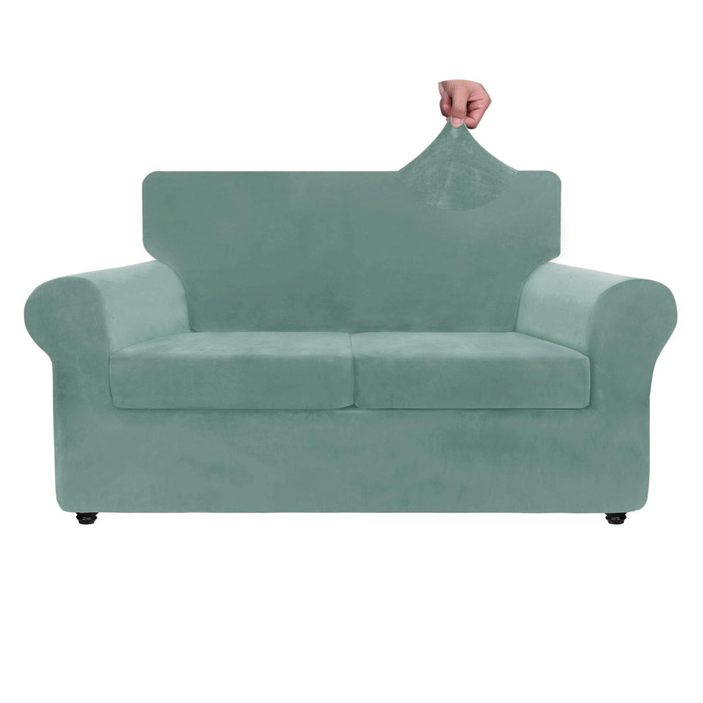 Znsayotx Luxury Velvet Sofa Cover 3 Piece (57'-70') Stretch Loveseat Covers For 2 Cushion Couch Thick Soft Couch Slipcover With Non Slip Strap, Dog Pet Friendly Nice Furniture Protector (Pea Green)