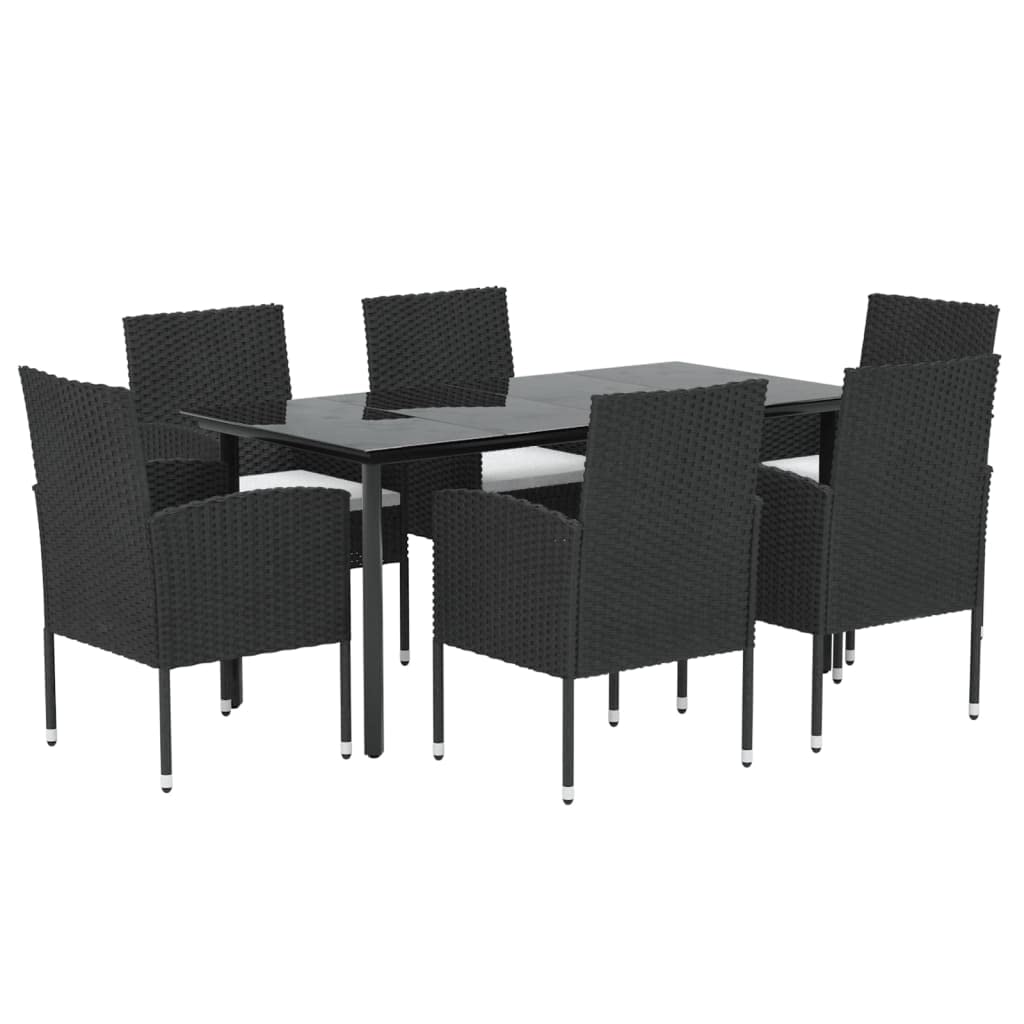 vidaXL 7-Piece Patio Dining Set - Black Outdoor Table and Chairs with Armrests, Cushions and Tempered Glass Tabletop - Poly Rattan Construction