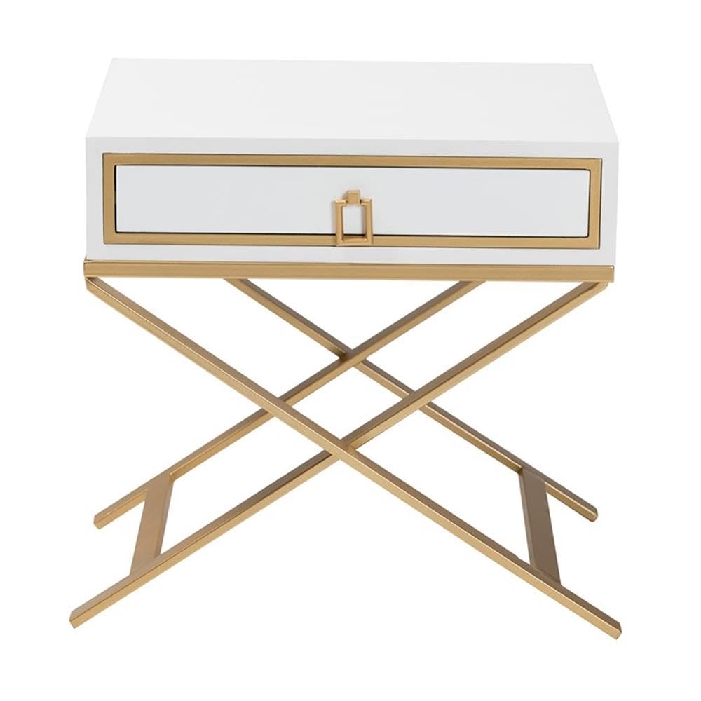 Baxton Studio Lilibet White Finished Wood and Gold Metal 1-Drawer End Table