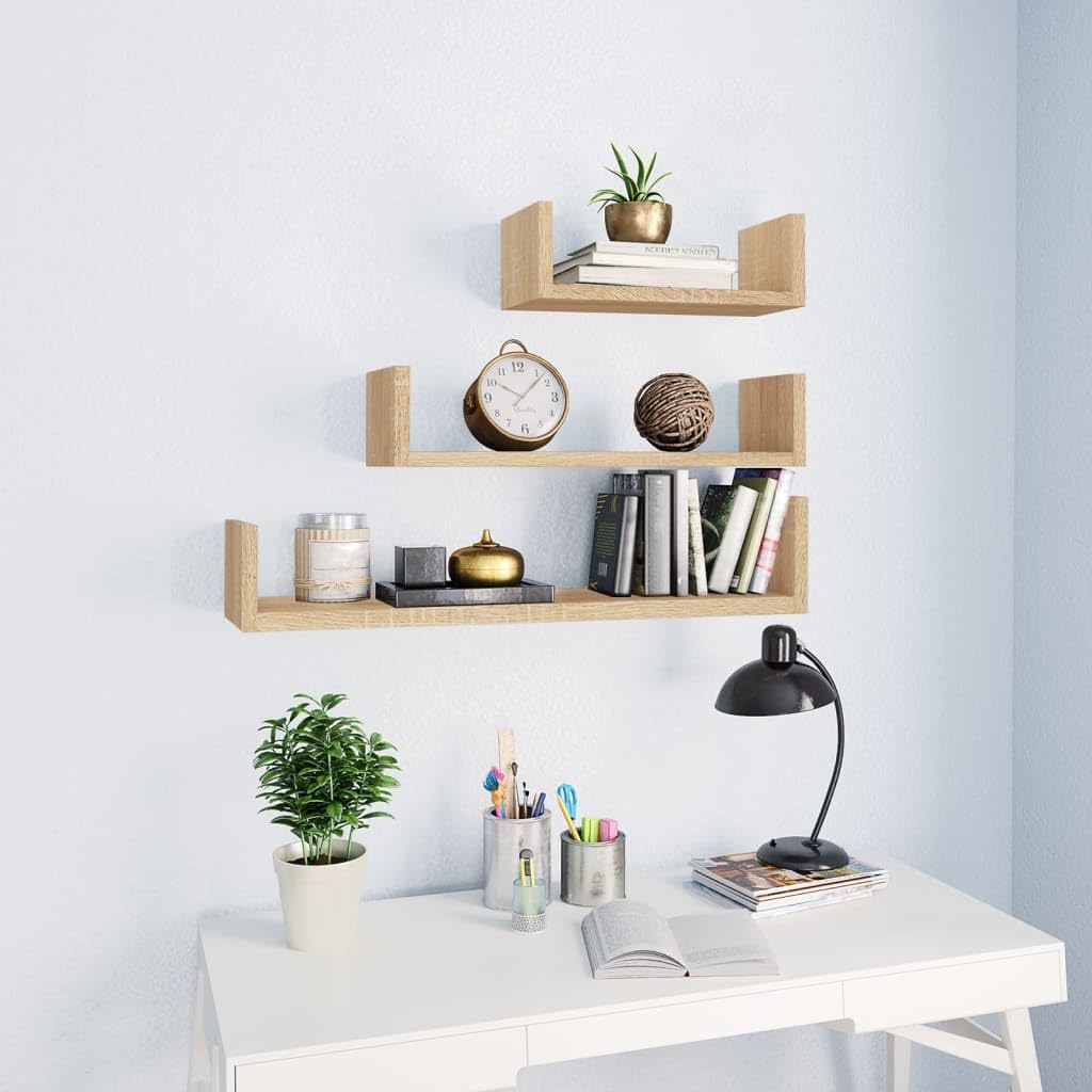 vidaXL - Set of 3 Floating Wall Shelves in Sonoma Oak - Engineered Wood U-Shaped Shelves for Kitchen, Living Room, Office