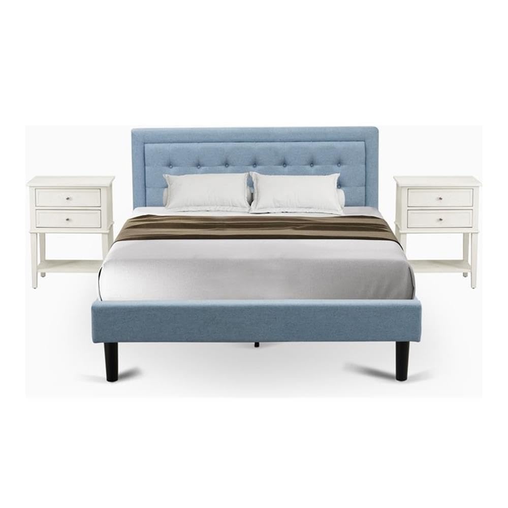 East West Furniture FN11Q-2VL0C 3-Piece Platform Wooden Set for Bedroom with 1 Queen Bedframe and 2 Modern Nightstands - Reliable and Sturdy Manufacturing - Denim Blue Linen Fabric
