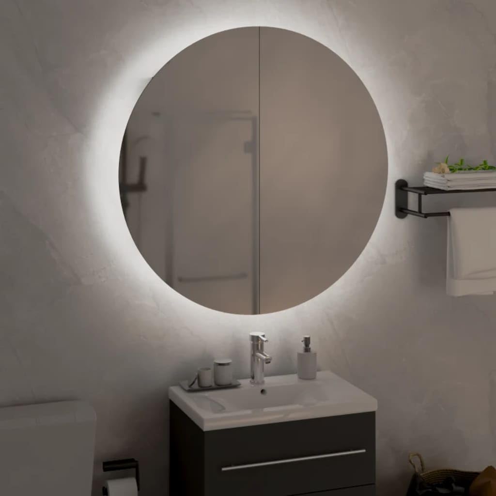 vidaXL Cabinet Bathroom Vanity Mirror Cabinet with Round Mirror and LED Oak