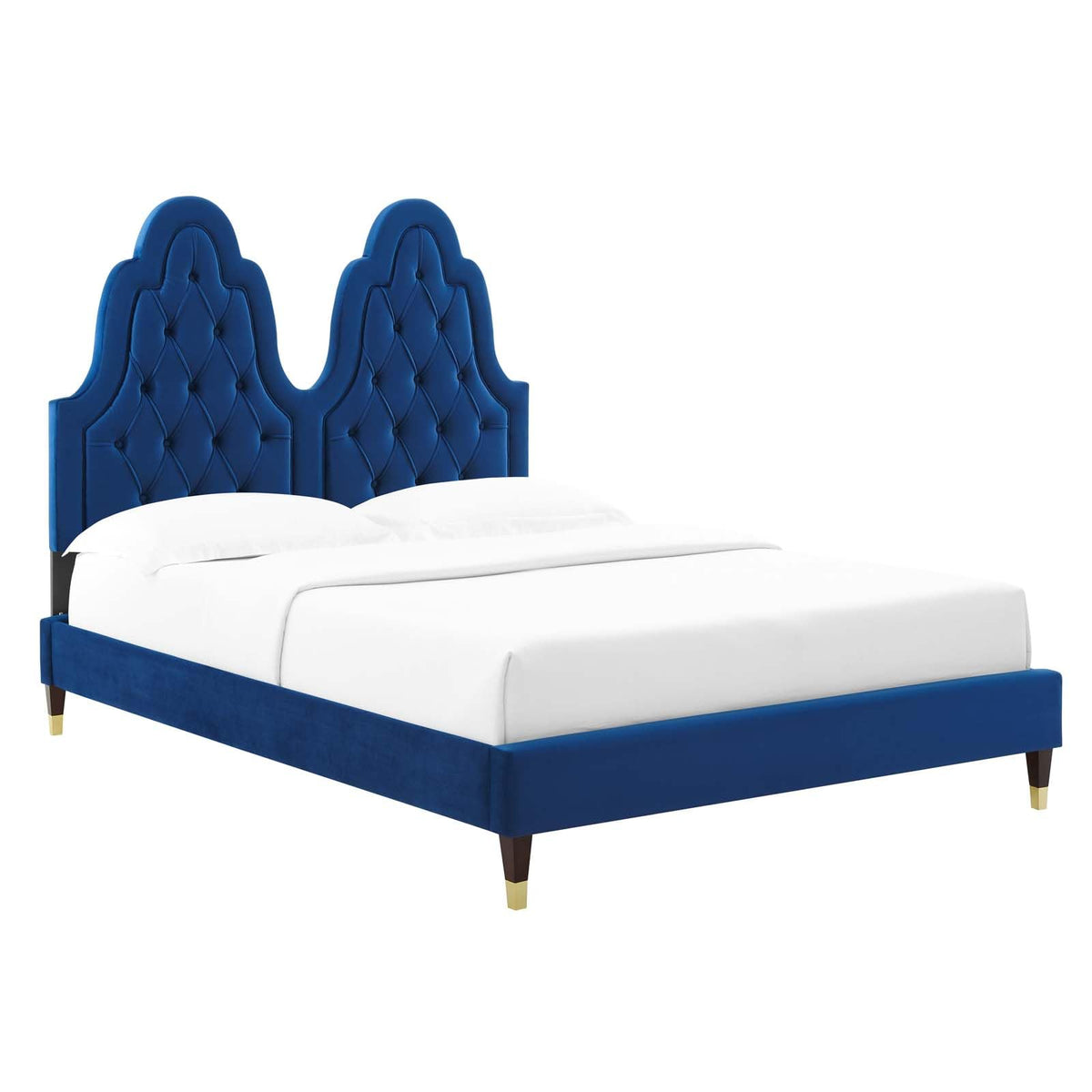 Modway Alexandria Tufted Performance Velvet Platform Bed with Wood and Gold Legs, Full, Navy