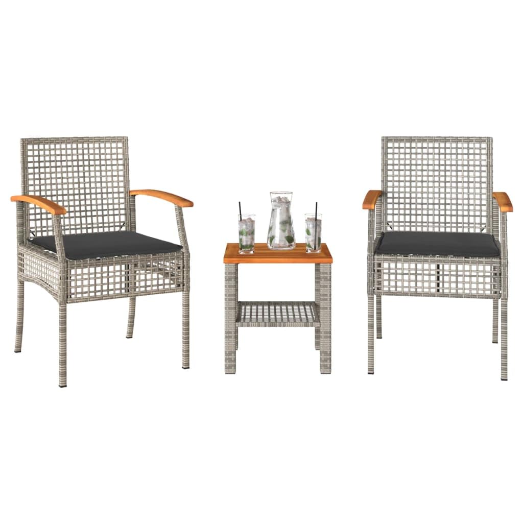 vidaXL Bistro Set - Outdoor 3 Piece Gray Poly Rattan & Acacia Wood Seating with Cushions for Patio, Garden, Backyard, or Balcony Furniture