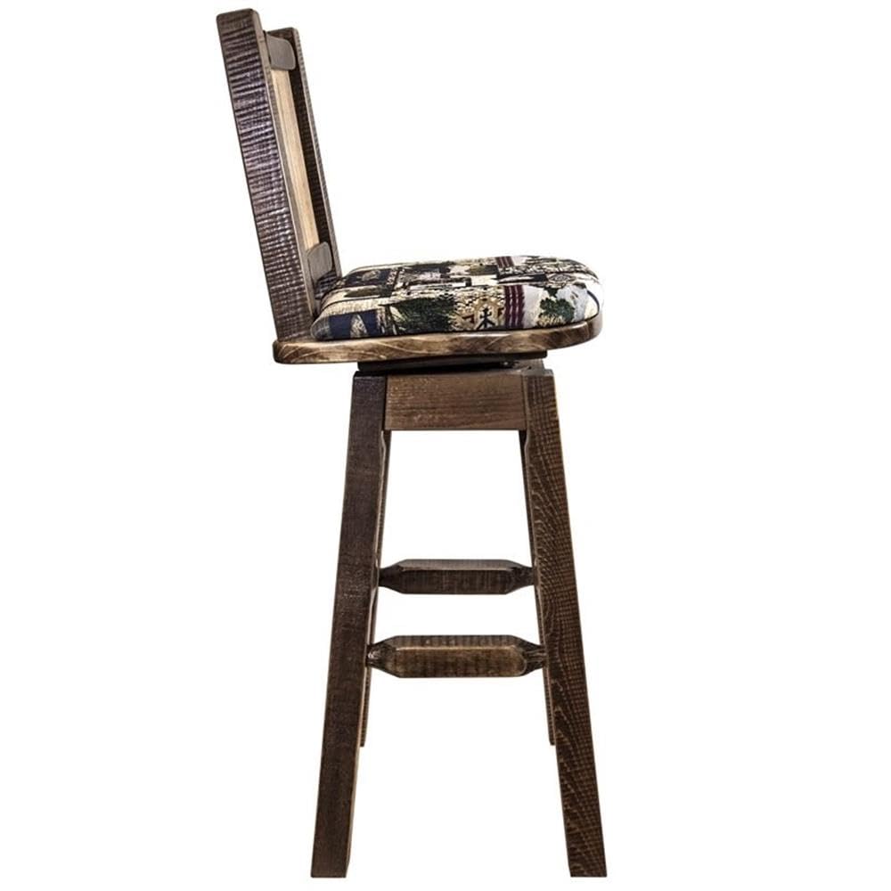 Montana Woodworks Homestead Collection Barstool with Back & Swivel, Upholstered Seat, Woodland Pattern with Laser Engraved Bear Design, Stained & Lacquered