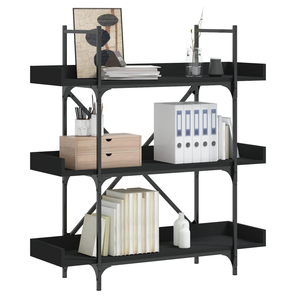 vidaXL Bookcase - 3-Tier Ample Storage Bookshelf with Adjustable Feet; Industrial Style Engineered Wood Book Stand in Black Finish; Measures 39.4&quot;x13&quot;x42.7&quot;
