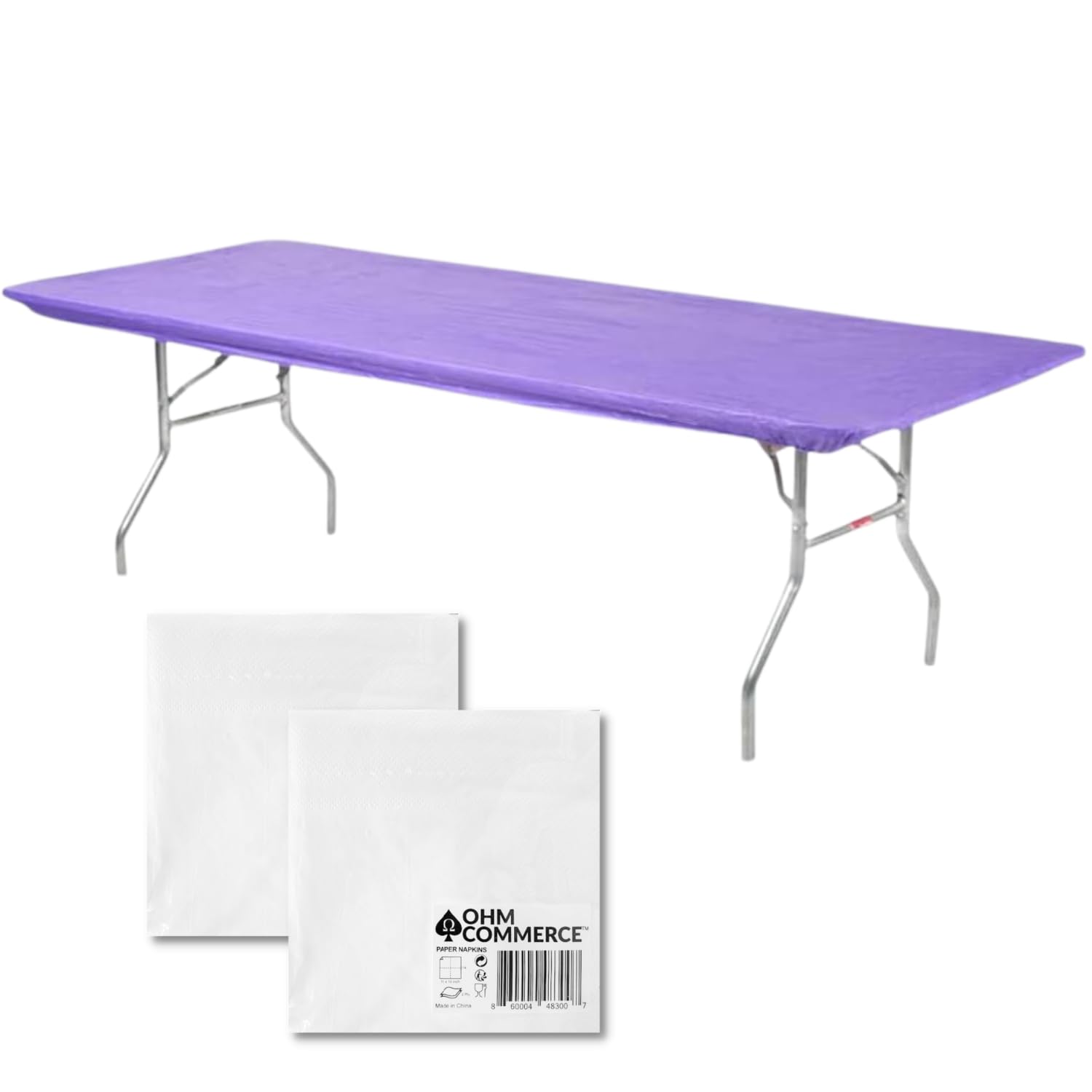 Kwik-Covers Rectangular Plastic Table Covers 8' Bundle Of 10 With One Hundred Forty (140) Ohm Commerce Paper Napkins - Indoor Or Outdoor Fitted Table Covers (Table Not Included)