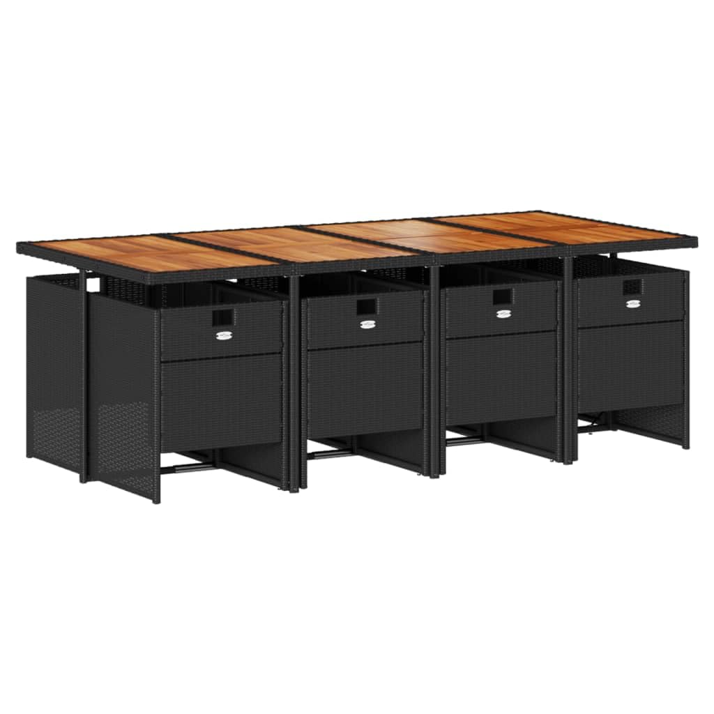 vidaXL Patio Dining Set 9 Piece Black Poly Rattan with Cushions - Foldable Chairs, Acacia Wood Tabletop