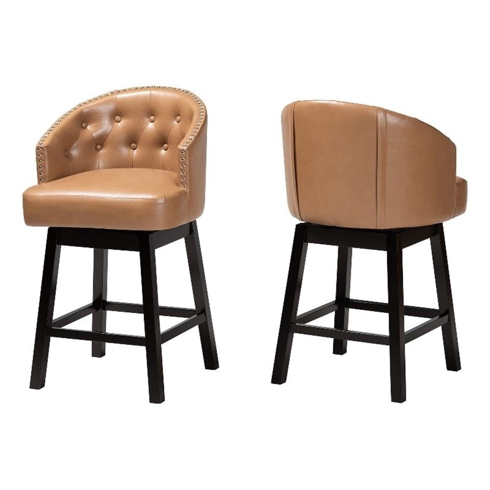 Baxton Studio Theron Mid-Century Transitional Tan Faux Leather and Espresso Brown Finished Wood 2-Piece Swivel Counter Stool Set