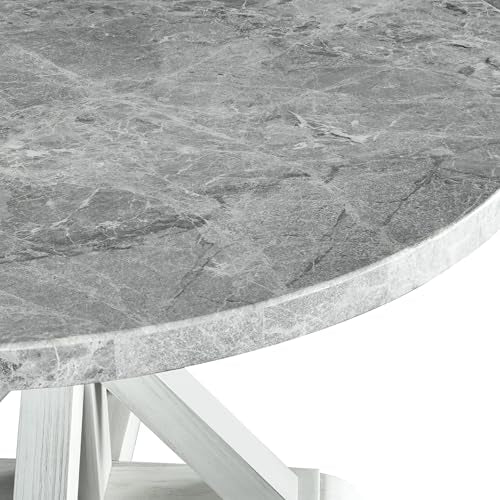 Steve Silver Furniture Canova 52-Inch Round Gray Marble Top Table, Solid Pine Wood Trestle Base, Seats up to 6, (Table Only), for Kitchen or Dining Room, 52" D x 52" W x 30" H, Grey, White