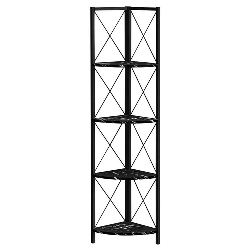 Monarch Specialties I 3650 Bookshelf, Bookcase, Etagere, Corner, 4 Tier, 60&quot; H, Office, Bedroom, Metal, Laminate, Black Marble Look, Contemporary, Modern