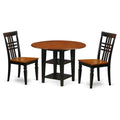 East West Furniture SULG3-BCH-W 3 Piece Modern Dining Table Set Contains a Round Wooden Table with Dropleaf & Shelves and 2 Dining Room Chairs, 42x42 Inch, Black & Cherry