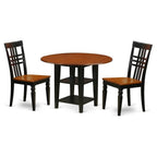 East West Furniture SULG3-BCH-W 3 Piece Modern Dining Table Set Contains a Round Wooden Table with Dropleaf & Shelves and 2 Dining Room Chairs, 42x42 Inch, Black & Cherry
