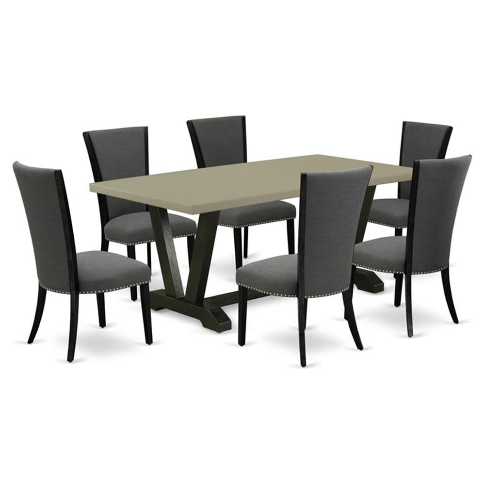 East West Furniture V-Style 7 Pieces Wood Dining Set in Cement/Dark Gray/Black