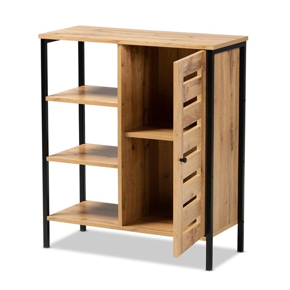 Baxton Studio Vander Modern and Contemporary Oak Brown Finished Wood and Black Finished Metal 1-Door Shoe Storage Cabinet