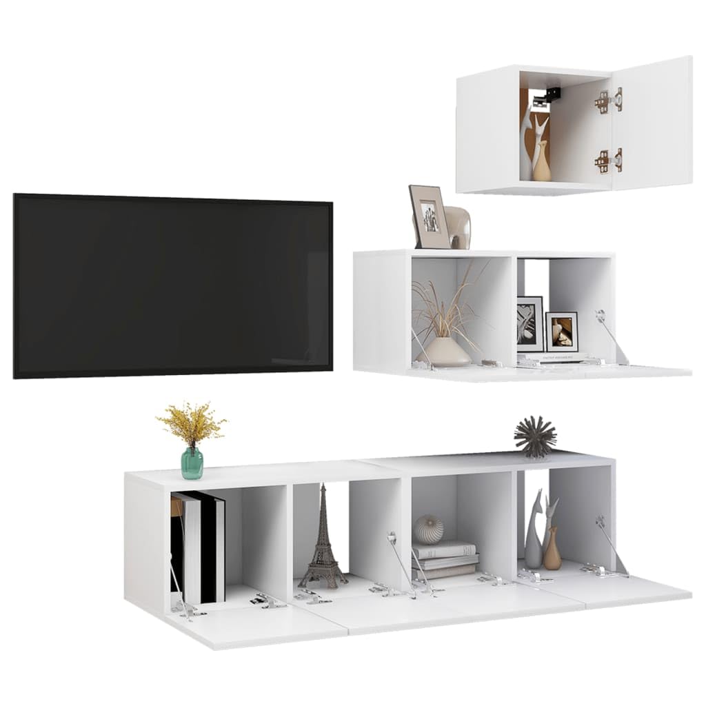 vidaXL TV Cabinet Set 4 Piece Home Indoor Living Room Hanging Wall-Mounted Stereo Plasma HiFi Cabinet TV Unit Furniture White Engineered Wood