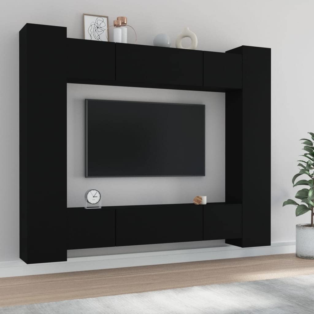 vidaXL TV Stand Set 8 Piece, Wall Mounted Entertainment Center, TV Stand Console with Storage, Modern Style, Black Engineered Wood