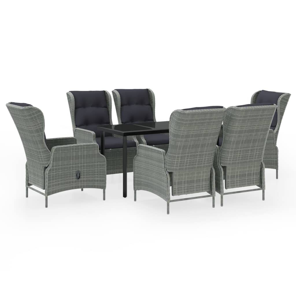vidaXL 7 Piece Patio Dining Set with Reclining Chairs and Glass Tabletop - Outdoor Garden Furniture Set in Light Gray PE Rattan and Black Cushions