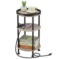 Small Round Side Table with Charging Station for Small Spaces, 3-Tier Round Accent Table with 2 USB Ports & Power Outlets, Round