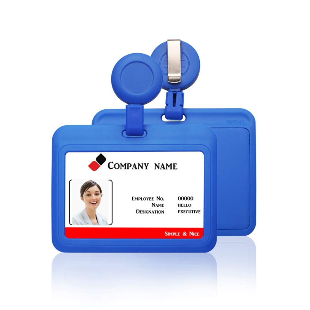 Id Badge Holder Case Horizontal With Reel Clip Retractable Heavy Duty Credit Card Business Card Office Supplies (Blue)