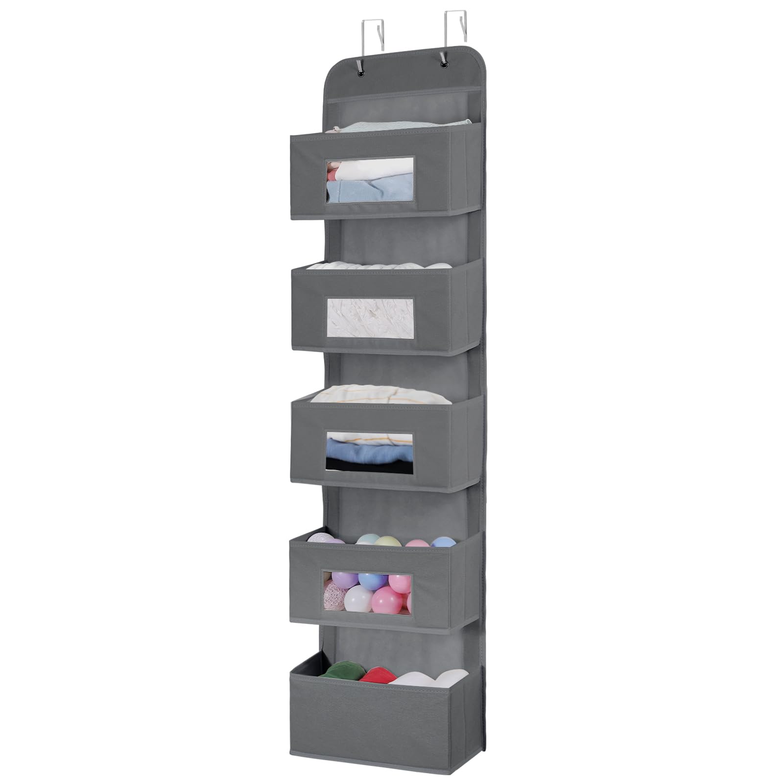 5-Shelf Over The Door Hanging Organizer with 2 Metal Hooks,5 Pocket Over The Door Wall Mount Storage with Clear Windows for Baby