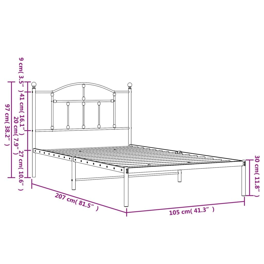 vidaXL White Metal Bed Frame with Headboard - Single Bed with Robust Steel Construction, Extra Underbed Storage, for Bedroom, Guest Room
