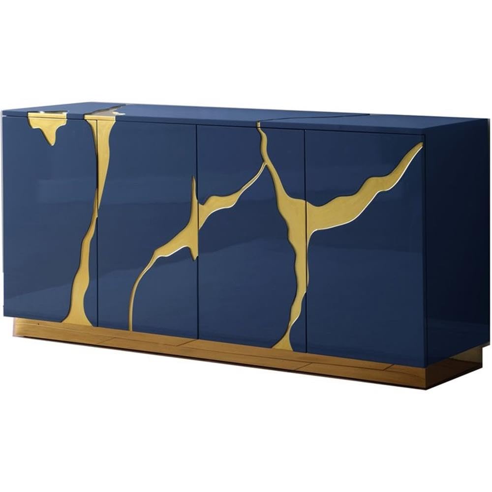 Best Master Furniture Taylor High Gloss Lacquer Sideboard/Buffet With Gold Trim, Navy Blue