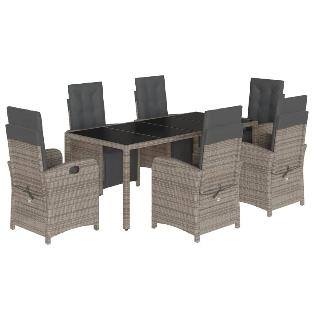 vidaXL 9 Piece Patio Dining Set - Gray Poly Rattan Outdoor Furniture - Cushions, Adjustable Reclining Chairs, Glass Tabletop, Removable Covers