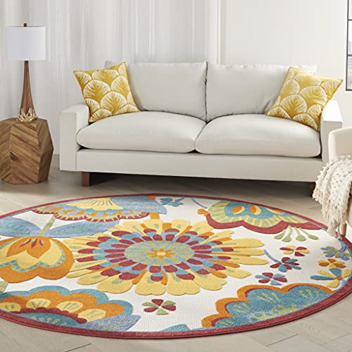 HomeRoots Multicolor 100% Polypropylene 8’ Round Yellow and Ivory Indoor Outdoor Area Rug