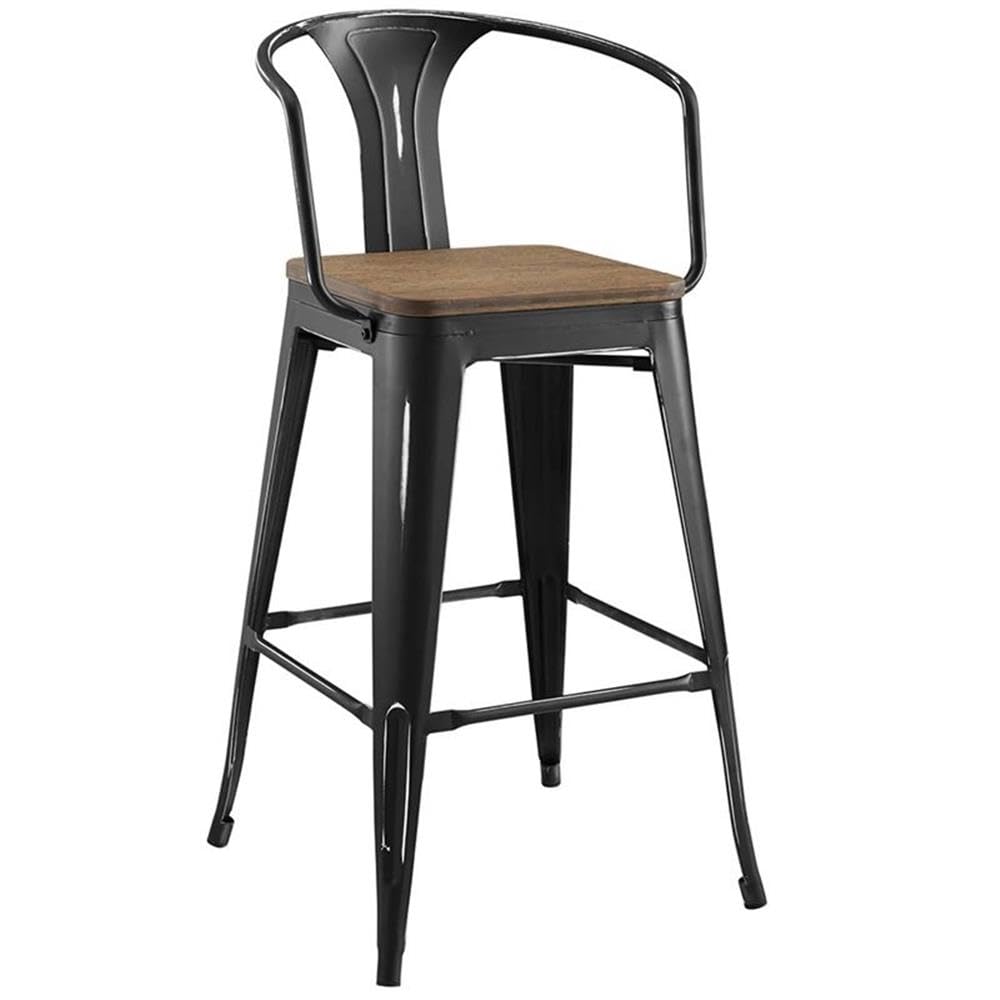 Modway Promenade Industrial Modern Steel Bistro Bar Stool With Arms And Bamboo Seat, Black