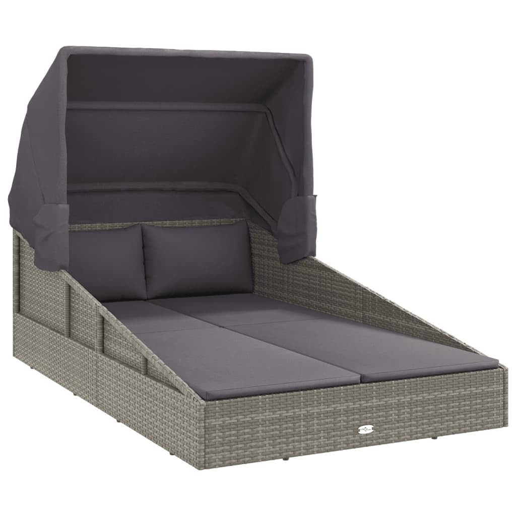 vidaXL Modern Sunbed with Foldable Roof in Gray Poly Rattan – Weather Resistant, Easy-to-Clean Garden Lounge Bed with Removable, Washable Cushion Covers