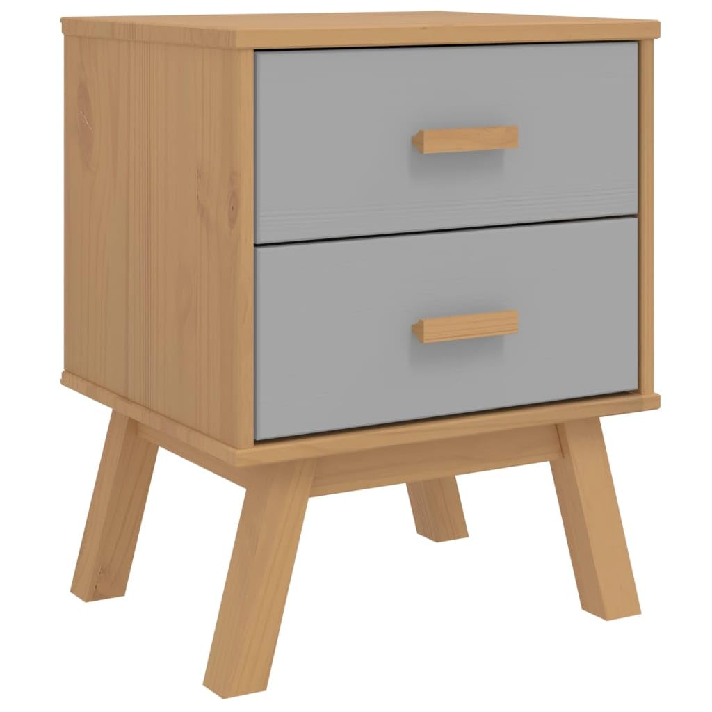 vidaXL Olden Bedside Cabinet - Solid Pine Wood Nightstand with 2 Drawers, Scandinavian Style, Wooden Feet, Gray/Brown Finish, Bedroom/Living Room Decor